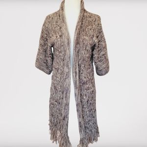Open-Front Taupe Marled Knit Cardigan with Fringe